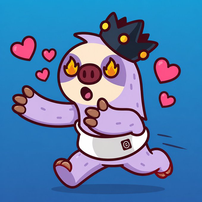 A cute cartoon sloth character wearing a small black crown and a white diaper, featuring flame designs in its eyes and floating pink hearts on a blue background.