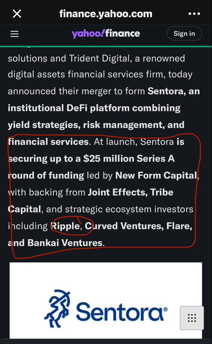 The image shows a cell phone screen with a text box containing information about Ripple, an online currency exchange platform. The text box includes details such as Ripple's involvement in SENTORA, its role in securitizing assets, and its partnership with Euler So many connections missed by the average crypto bro. The post also mentions that Ripple is building a crypto-based business called sentora.