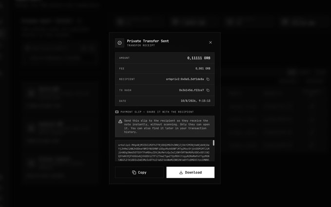 A 'Private Transfer Sent' confirmation popup showing 0.11111 ORB sent to address orbp1v2...5o5r1oAoTa with transaction hash 0x56456...f20e7.