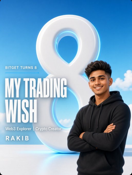 Bitget Turns 8 birthday celebration graphic featuring 'MY TRADING WISH' by RAKIB (Web3 Explorer/Crypto Creator), showing a young man in a black hoodie against a large glowing 8 and blue sky background.