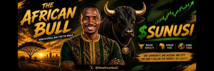 The image is a promotional banner for "$SUNUSI" featuring a man in traditional African attire standing alongside a large bull, set against an African savanna sunset backdrop. The text reads "THE AFRICAN BULL - BORN IN AFRICA, BUILT FOR THE WORLD" with taglines "BULLISH MENTALITY," "AFRICAN PRIDE," and "GLOBAL VISION," plus the handle "@theafricanbull" at the bottom. It relates to the post by serving as the newly added community banner image for the $SUNUSI token on Moby.