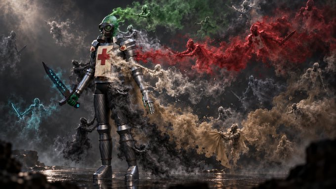 A fantastical digital artwork of an armored figure wearing a helmet and a vest with a red cross, holding a futuristic weapon, with colored smoke and ghostly figures swirling in the background.