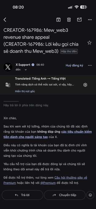 A Vietnamese-language email from X Support titled 'CREATOR-167986: Mew_web3 revenue share appeal' discusses a rejected revenue share application due to insufficient replies.