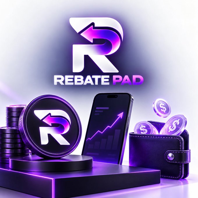 A 3D promotional render for "REBATE PAD" featuring a purple-themed display with a stylized "R" logo, a smartphone showing an upward trending graph, stacks of coins with dollar signs, and a wallet.