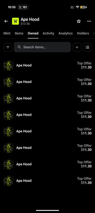 A screenshot of a digital marketplace showing multiple "Ape Hood" NFTs owned by a user, each listed with a top offer of $11.30. The image reflects the tweet's message about minting hood apes and the benefits of being a @CCFF00club square holder from @RoaringPiggy.