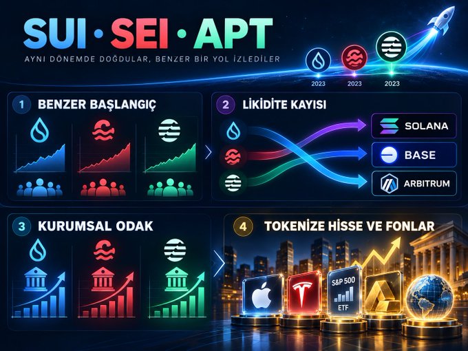 Infographic in Turkish comparing the crypto projects SUI, SEI, and APT, noting they were born in the same period (2023) and followed similar paths. It covers similar beginnings (1), liquidity loss to Solana, Base, and Arbitrum (2), institutional focus (3), and tokenized stocks/funds like Apple, Tesla, S&P 500 ETF, and gold (4).