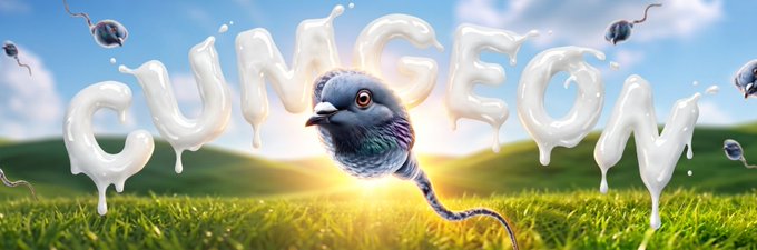 A whimsical digital illustration featuring a pigeon with a microphone, surrounded by floating sperm-like figures, with the word 'CUNGEOM' spelled out in milk-like splashing letters against a sunny green field background.