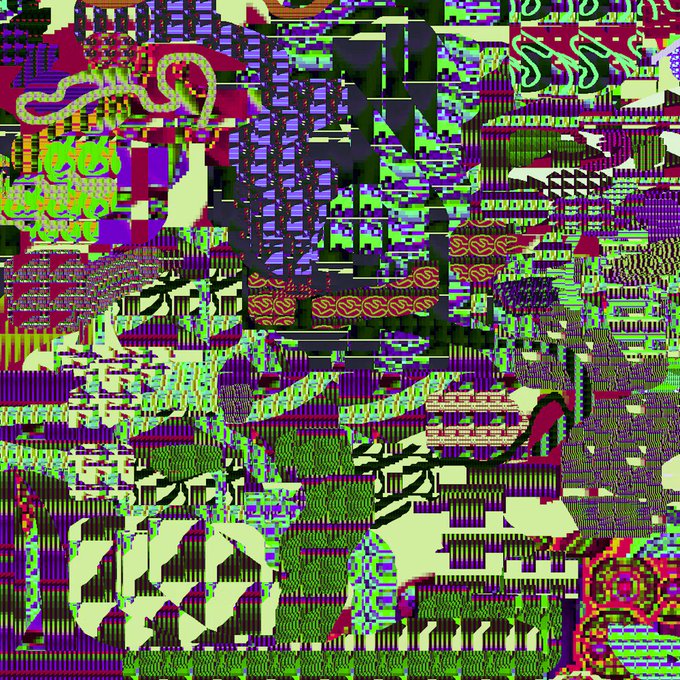 An abstract, glitch-art image filled with vibrant neon colors, geometric patterns, and pixelated textures.