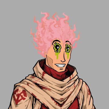 A digital drawing of a character with pink flame-like hair, green eyes with green tears streaming down, and a wide smile, wearing a red outfit with a tattered beige scarf.