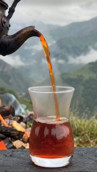 A copper kettle pours steaming amber tea into a curved glass, set against a scenic mountain landscape with a fire below.
