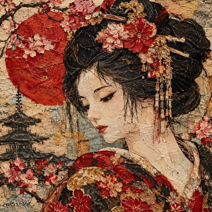 A mixed-media artwork depicting a Japanese woman with elaborate floral hair ornaments and a kimono, set against a backdrop of cherry blossoms, a pagoda, and a large red sun, with a signature in the lower left.