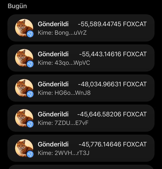 A mobile app screenshot in Turkish showing multiple 'Gönderildi' (Sent) transactions of FOXCAT tokens to various recipients on what appears to be a Solana-based wallet, with negative amounts listed under 'Bugün' (Today).
