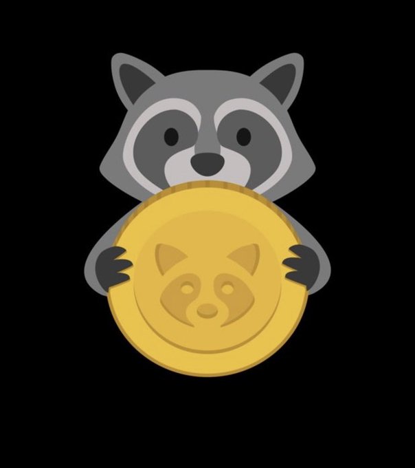A cartoon raccoon holding a large golden coin that features a panda face design on it.