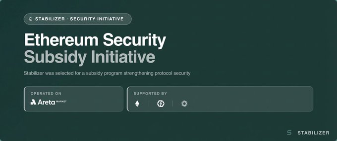 Promotional graphic titled 'Ethereum Security Subsidy Initiative' stating Stabilizer was selected for a subsidy program, operated on Areta Market and supported by Ethereum and related logos.