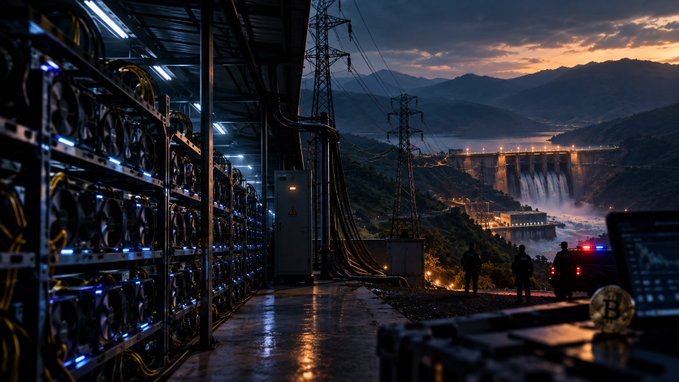 An atmospheric image showing a large cryptocurrency mining operation with rows of mining rigs on the left, juxtaposed with a large hydroelectric dam and mountains in the background at dusk, with a Bitcoin coin visible in the foreground.