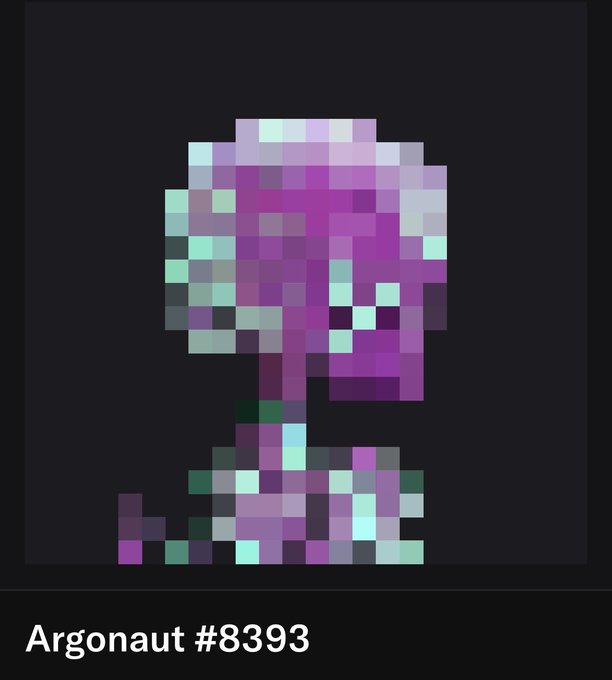A pixel art image of an Argonaut character (#8393) featuring purple and teal colors on a dark background.