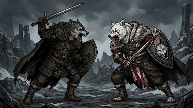 A fantasy illustration of two anthropomorphic warriors—one a wolf and one a white wolf—locked in combat with swords and shields amid a ruined landscape.