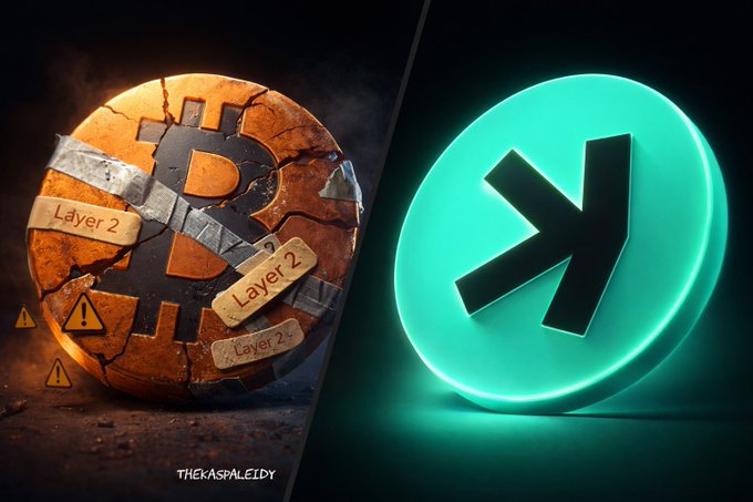 A split graphic showing a cracked Bitcoin symbol covered in 'Layer 2' tape and warning signs on the left, and a glowing green 'X' logo on the right, with 'THEKASPALEIDY' watermarked at the bottom.
