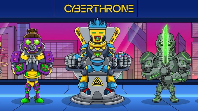 An illustrated game screen titled 'CYBERTHRONE' showing three robotic characters - one purple and yellow, a central blue and yellow robot on a throne, and a green knight with a glowing green sword.