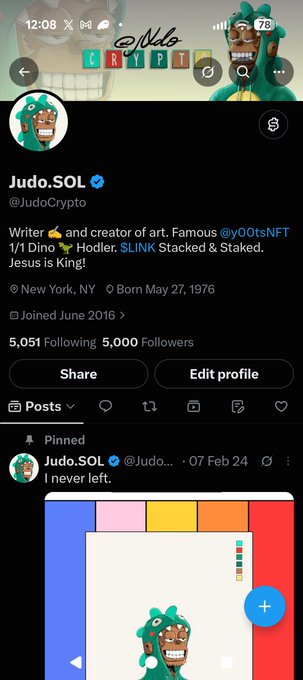A Twitter/X profile screenshot for "Judo.SOL" (@JudoCrypto), a verified NFT creator account with 5,000 followers, describing themselves as a "Writer and creator of art. Famous @Y00tsNFT, 1/1 Dino Hodler. SLINK Stacked & Staked. Jesus is King!"