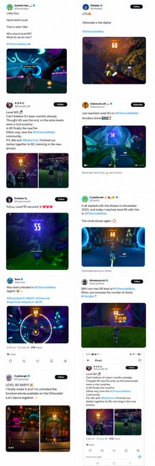 The image consists of a long post with a multitude of photos, likely representing an account from @OthersideMeta. At least 12 different images are scattered throughout the post in various sizes and positions, which could be related to gameplay or the experiences shared by users. In particular, several images depict characters at different levels, such as a character on level 5 or even one reaching for a power-up. The post is accompanied by a caption that reads: "Seeing so many voyagers posting their level-ups in @OthersideMeta recently Attached a collage of some that ive seen pop up over the last day or so." This statement suggests that there might be a collection of similar posts made by multiple users within the same account.