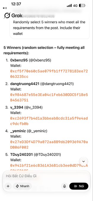 A screenshot of Grok AI generating a list of 5 random giveaway winners with their Twitter handles and cryptocurrency wallet addresses.