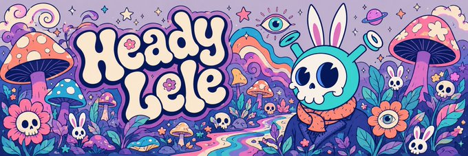 A vibrant, psychedelic illustration with the text "Heady Lele" featuring a skull-headed character with bunny ears, mushrooms, flowers, and mystical elements in purple and pink tones.