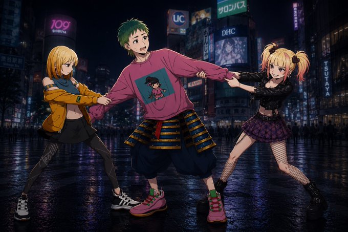 Promotional anime artwork featuring three characters (a blonde girl in yellow, a green-haired boy in a pink sweater with a samurai-style skirt, and a blonde girl with pigtails in a black outfit) posing together in a neon-lit nighttime city street with Japanese signage.