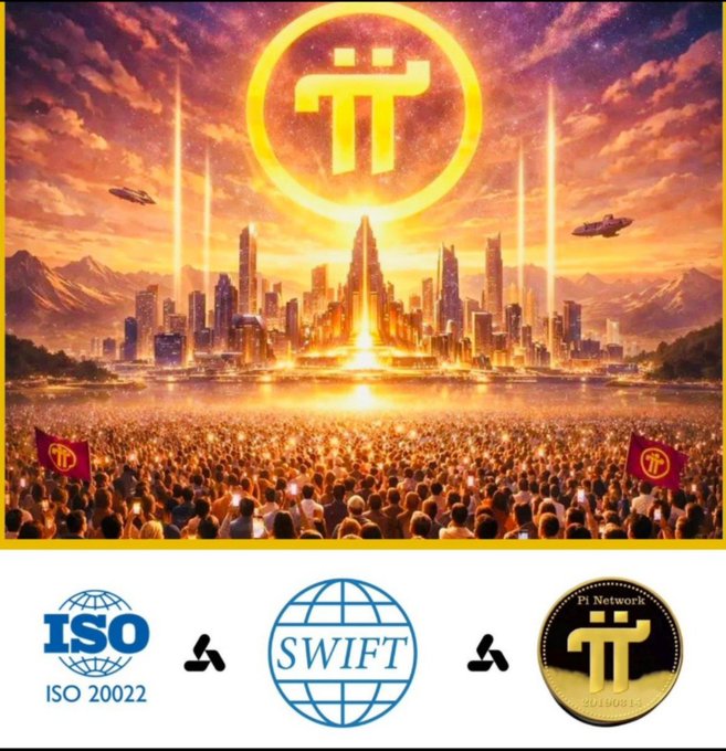 A futuristic, golden cityscape illustration featuring the Pi Network symbol prominently displayed above a massive crowd waving Pi Network flags, with logos for ISO 20022, SWIFT, and Pi Network shown at the bottom—visually representing the post's message about Pi's global financial integration and upcoming adoption.