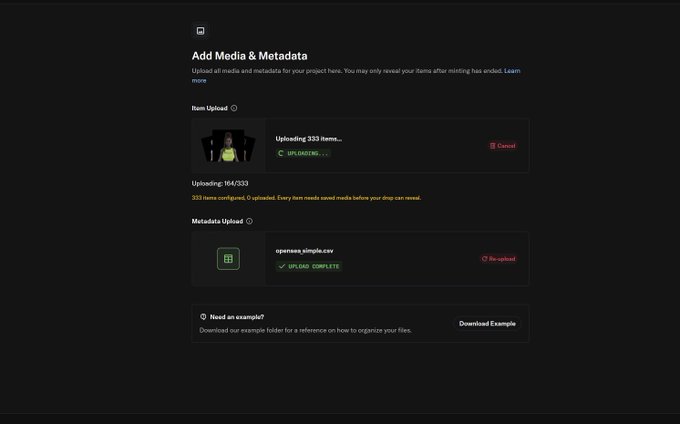 A dark-themed web interface titled 'Add Media & Metadata' showing an upload progress of '164/333' for items and a completed upload for 'openpose_simple.csv'.