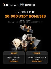 The image is a promotional banner for Bitbase x CHADXT's "Unlock Up to 20,000 USDT Bonuses" event, with 235K USDT available and tiered tasks (e.g., Task 1: sign up and unlock VIP 2 for 30 days, Task 2: deposit/trade for 20,000 USDT) running from August 16–September 16. It ties to the post by serving as the "first step" call-to-action, directing users to the platform to begin the process of potentially earning their way into the private Discord access discussed.