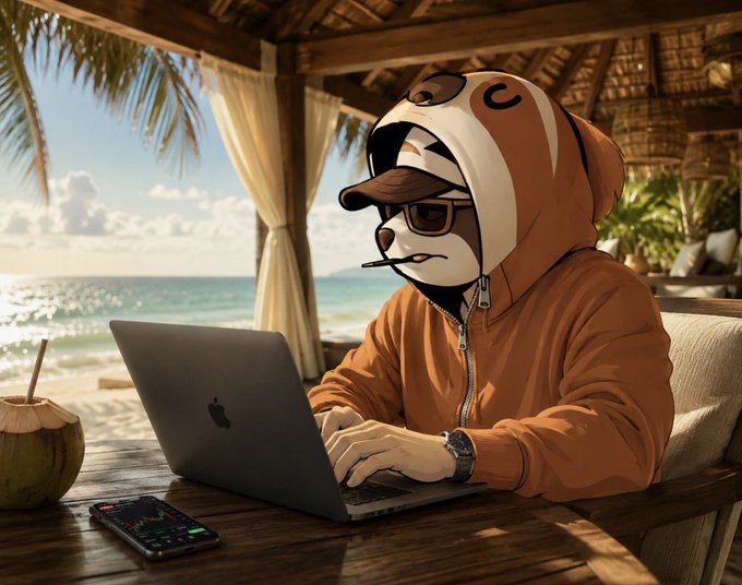 The image features a person sitting at a table, wearing an orange hoodie and sunglasses while using a laptop computer. The person appears to be working or browsing the internet. There are also two cell phones placed on the table next to the laptop. In the background, there is a beach setting with palm trees visible, suggesting that they might be enjoying some time by the ocean.