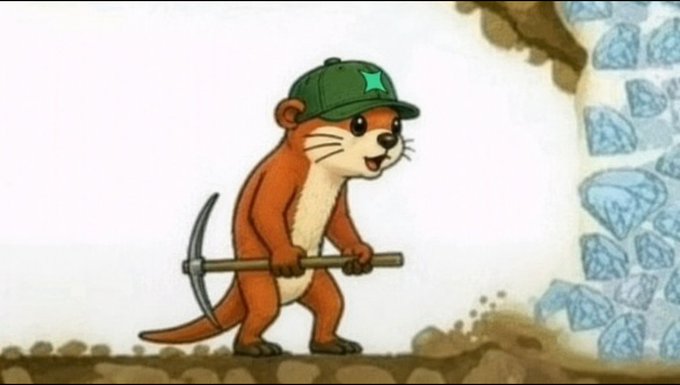 An animated cartoon otter wearing a green hard hat with a star emblem, holding a pickaxe while standing near a pile of rocks and dirt.