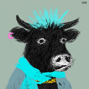 A stylized digital drawing of a black cow or bull character with bright cyan/teal hair and a matching scarf, plus a pink earring, against a pale green background.