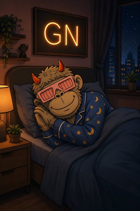 An illustration shows a furry character wearing red horns, pink shutter shades, and blue star/moon pajamas lying in bed, with a neon 'GN' sign glowing on the wall behind them.