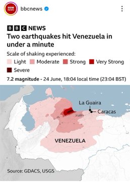 A BBC News graphic reports two earthquakes struck Venezuela within a minute on 24 June at 18:04 local time, with a 7.2 magnitude event affecting Caracas and La Guaira, while the accompanying post shares a crypto donation appeal (SOL and ETH wallet addresses) to help survivors and families. The image serves as visual context for the disaster prompting the fundraising request.