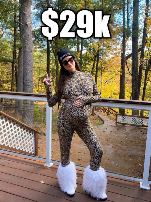 A woman in a leopard print bodysuit and white furry boots poses on a deck with a "$29k" caption and "Bitcoin" hat, celebrating crypto profits as "Number go up."
