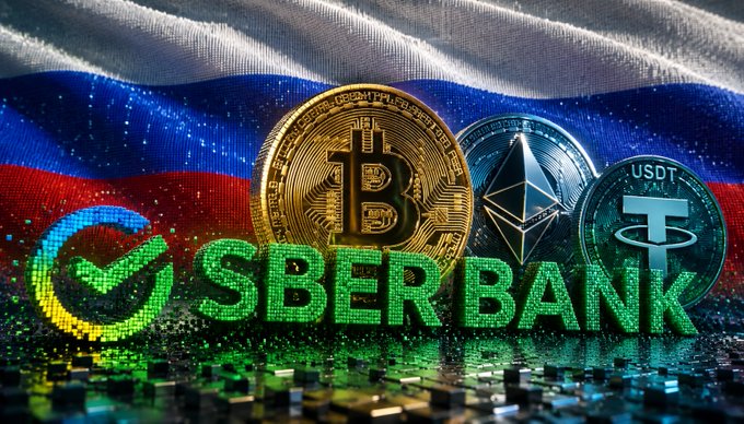 A graphic shows physical Bitcoin, Ethereum, and Tether (USDT) coins against a Russian flag backdrop, with the 'SBERBANK' logo and text displayed in green pixelated letters.