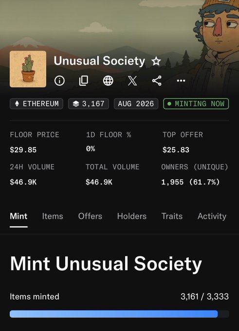 This image displays an NFT collection page for "Unusual Society" on Ethereum, showing a floor price of $29.85, a top offer of $25.83, and a 24H volume of $46.9K, with 3,161 of 3,333 items minted as of August 2026. The post highlights the collection's price appreciation from $6+ to a ~$29 floor, suggesting it as an under-the-radar opportunity for an "alpha vault."