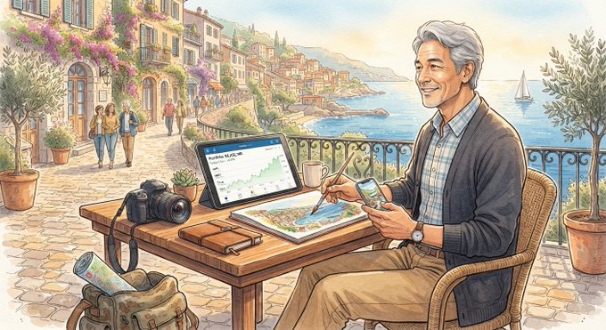 A watercolor-style illustration of a smiling older man with gray hair sitting at a wooden cafe table on a Mediterranean terrace overlooking the sea, with a laptop displaying a stock chart, a camera, a travel map, and a smartphone on the table.