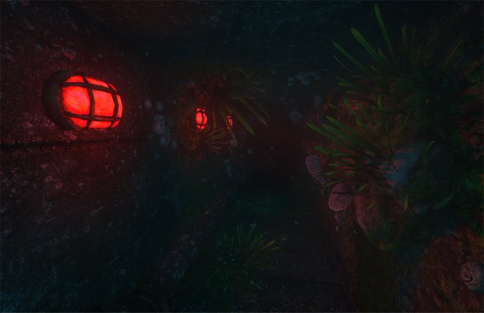 A dark, atmospheric underwater or cave scene featuring glowing red lanterns mounted on a stone wall, surrounded by aquatic plants and shells.