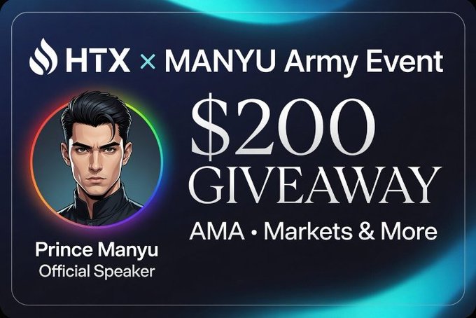 In this image, there's an advertisement for a marketing event called "HTX x MANYU Army Event". It appears that the primary focus of this event is connecting industry professionals from the army with the tech market. The main visual element is an illustration featuring two individuals with a black hair color - one man with blonde hair and another person wearing a black top hat, surrounded by a vibrant array of blue and purple hues. The post includes text that reads "HTX x MANYU Army Event" at the top. It also mentions that the event aims to connect people in the industry through meaningful conversations and direct engagement between projects and users.