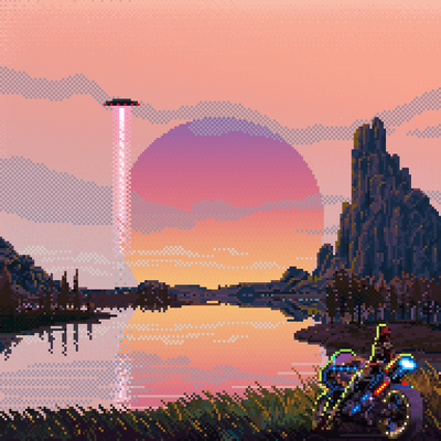 Pixel art landscape showing a sunset with a pink and orange sky, a UFO beaming down pink light over water, jagged mountains, and a motorcycle parked in the foreground.