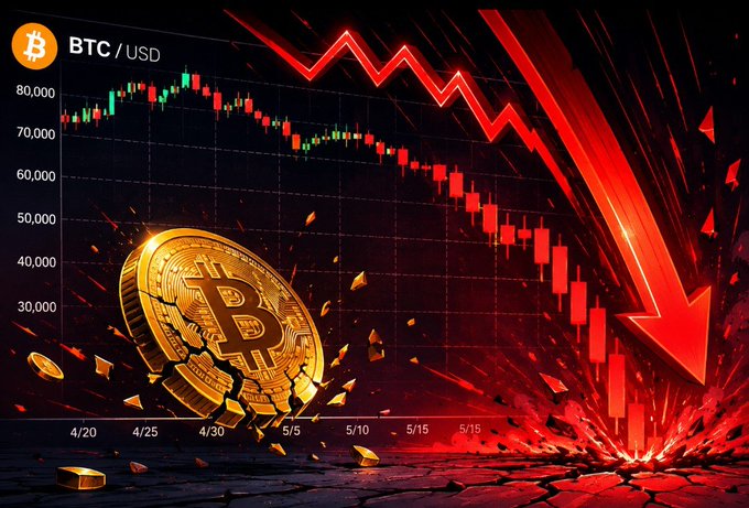 A cracked gold Bitcoin coin lies shattered beside a red BTC/USD candlestick chart showing a steep decline from ~80,000 to ~30,000 between 4/20 and 5/15, accompanied by a large downward red arrow—symbolizing the "scary" warning in the post about repeating history, similar to the 1987 crash when stocks and bond yields simultaneously spiked to dangerous levels.