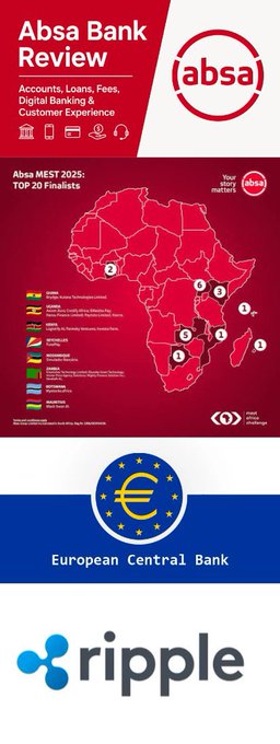 A collage featuring the Absa Bank Review with a map of Africa's top 20 finalists for Absa MEST 2025, the European Central Bank logo, and the Ripple cryptocurrency logo.