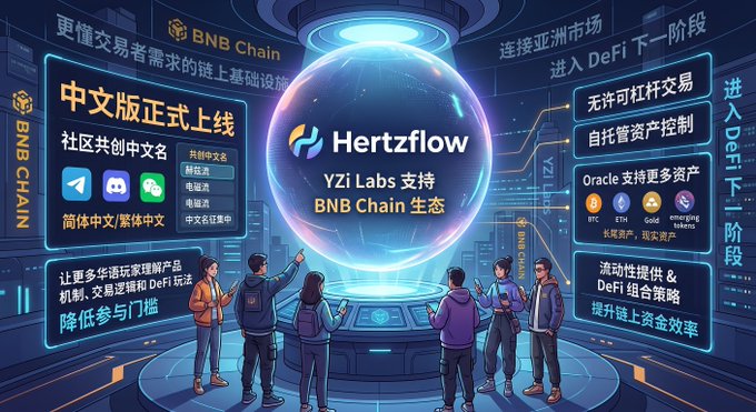Promotional graphic for "Hertzflow" by YZi Labs on BNB Chain, featuring Chinese text about DeFi features, community co-creation, and a group of people around a glowing sphere.