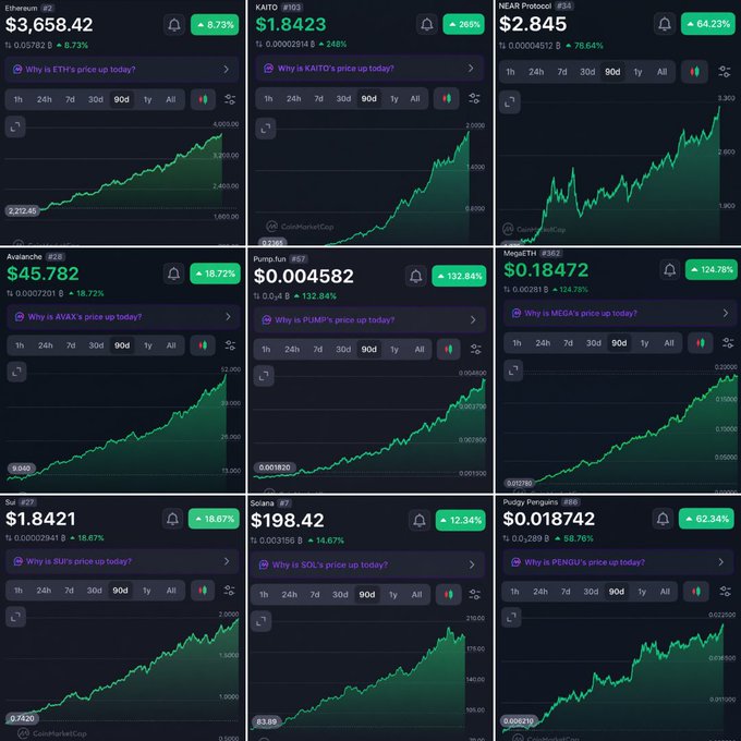 A screenshot of a cryptocurrency tracking dashboard displaying price charts for Ethereum ($3,658.42), KAITO ($1.8423), NEAR Protocol ($2.845), Avalanche ($45.782), Pump ($0.004582), MegaETH ($0.18472), SUI ($1.8421), Solana ($198.42), and Pudgy Penguins ($0.018742), all showing significant gains.