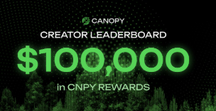 The image shows a banner or poster promoting Canopy's creator leaderboard with $100,000 reward for those who create innovative content related to building projects. The text above reads "@CNPYNetwork that we found interesting". Below this, there is information about the creator network and how it can help creators build faster by focusing on projects aimed at improving the process of launching ideas in building projects rather than just attracting attention.