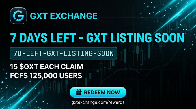 A GXT Exchange promotional graphic announces "7 Days Left - GXT Listing Soon" with redemption code "7D-LEFT-GXT-LISTING-SOON," offering 15 $GXT to the first 125,000 users at gxtexchange.com/rewards, complementing the post's call-to-action for crypto airdrop participants.