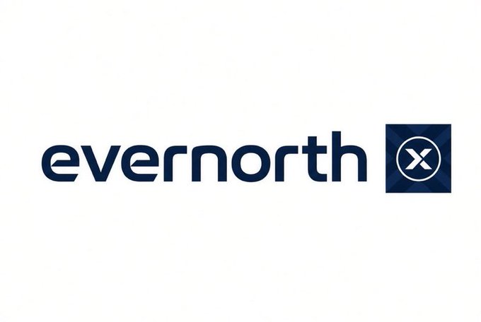 The Evernorth logo displayed in dark navy blue text with a square icon containing an 'X' symbol on the right side.